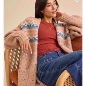 Altar'd State Beige and Blue Patterned Cardigan